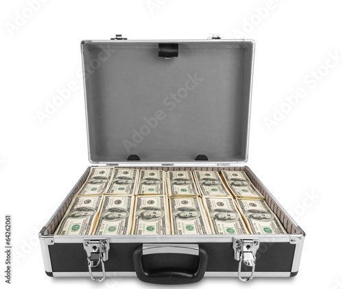 Photo: Case full of dollar on white background Case full of dollar on white background