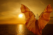 Woman with butterfly wings flying on fantasy sea sunset
