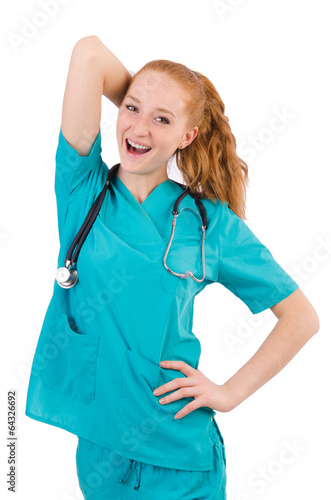 Photo: Young medical trainee with stethoscope isolated on white Young medical trainee with stethoscope isolated on white