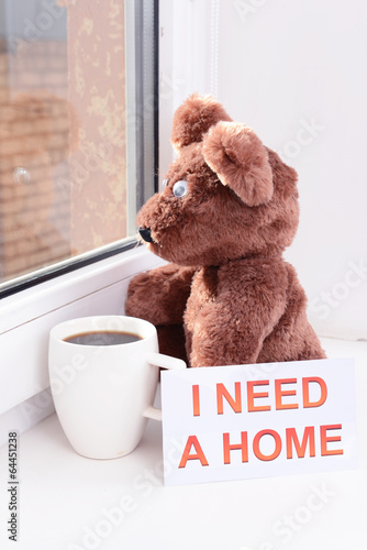 Photo: Toy-bear looking out window close-up Toy-bear looking out window close-up