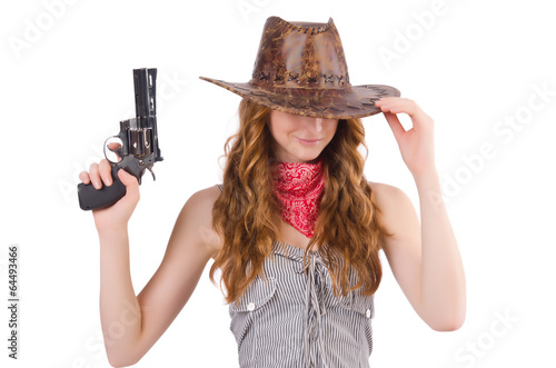 Photo: Woman gangster with gun isolated on white Woman gangster with gun isolated on white