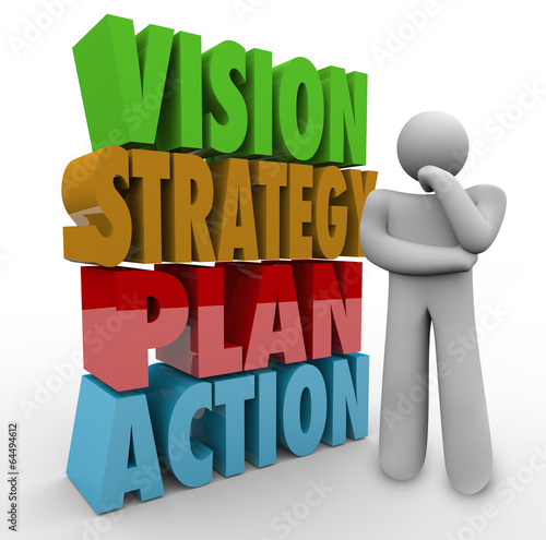Illustration: Vision Strategy Plan Action Thinker Beside 3D Words Vision Strategy Plan Action Thinker Beside 3D Words