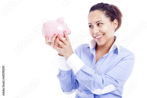 Photo: Happy business woman with piggy bank, isolated on white Happy business woman with piggy bank, isolated on white