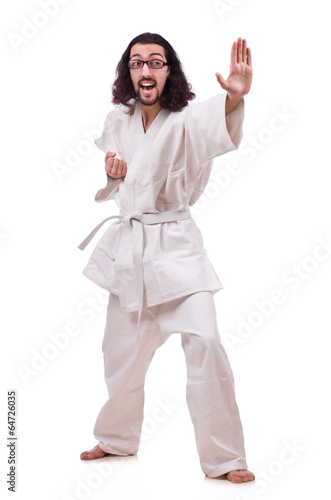 Photo: Funny karate fighter isolated on the white Funny karate fighter isolated on the white