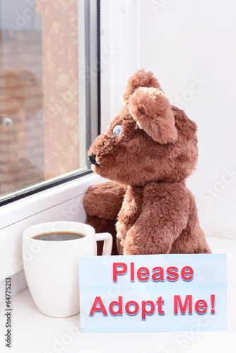 Photo: Toy-bear looking out window close-up Toy-bear looking out window close-up