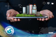 Man holding a cityscape in tablet computer Man holding a cityscape in tablet computer