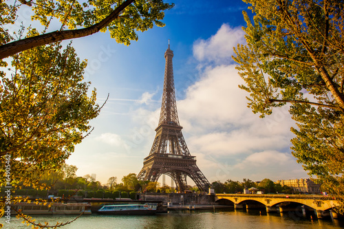  Eiffel Tower with boat on Seine in Paris, France