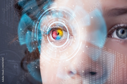 Photo: Future woman with cyber technology eye panel concept Future woman with cyber technology eye panel concept