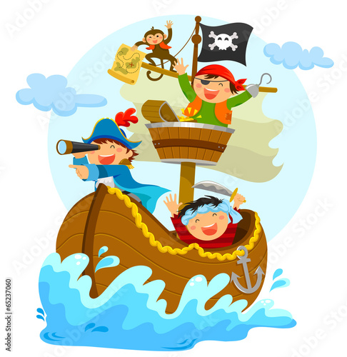 Fototapeta happy pirates sailing in their ship