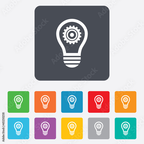 Vector: Light lamp sign icon. Bulb with gear symbol. Light lamp sign icon. Bulb with gear symbol.