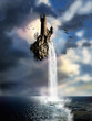 castle with waterfall falling over the sea castle with waterfall falling over the sea