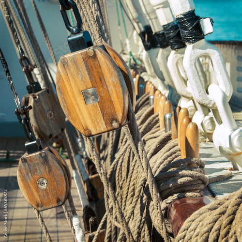 Photo: old sailing ship - tackle and ropes old sailing ship - tackle and ropes