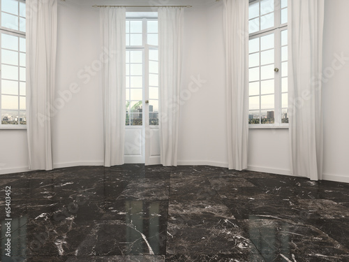 Illustration: Empty room with marble floor and patio doors Empty room with marble floor and patio doors