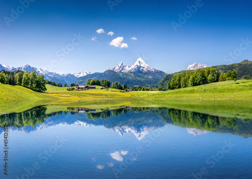  Idyllic summer landscape with mountain lake and Alps