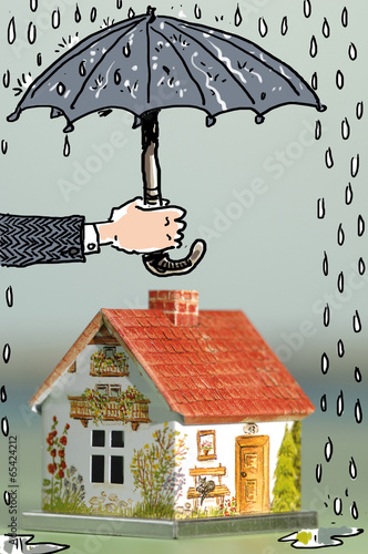 Photo: Hand hält Regenschirm über Haus, Schützen, Trocken Hand hält Regenschirm über Haus, Schützen, Trocken