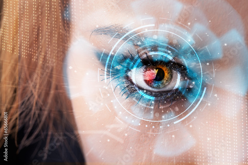 Photo: Future woman with cyber technology eye panel concept Future woman with cyber technology eye panel concept