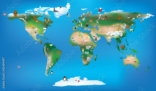 Fototapeta world map for childrens using cartoons of animals and famous lan