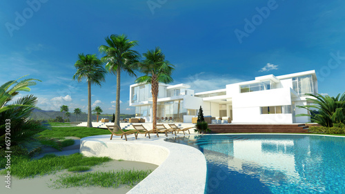 Illustration: Luxury house with a tropical garden and pool Luxury house with a tropical garden and pool