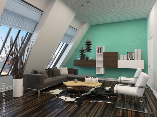 Illustration: Modern living room interior with sloping windows Modern living room interior with sloping windows