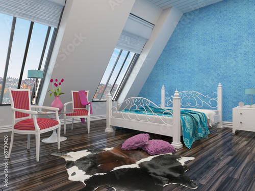 Illustration: Spacious modern bedroom with a wrought iron bed Spacious modern bedroom with a wrought iron bed