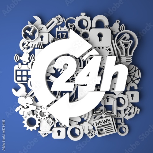 Illustration: Icon 24 Hours on Handmade Paper Decoration. Service Concept. Icon 24 Hours on Handmade Paper Decoration. Service Concept.