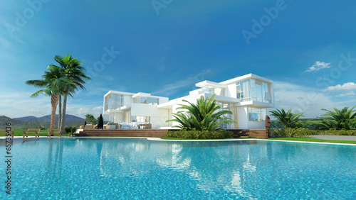 Illustration: Beautiful idyllic white tropical villa and pool Beautiful idyllic white tropical villa and pool