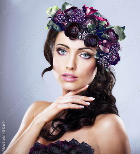 Photo: Valentine. Woman in Colorful Wreath of Flowers Valentine. Woman in Colorful Wreath of Flowers
