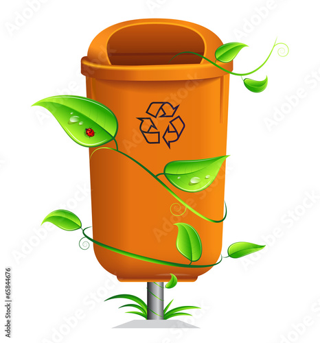 Vector: Orange litterbin rounded by many leaves. Orange litterbin rounded by many leaves.
