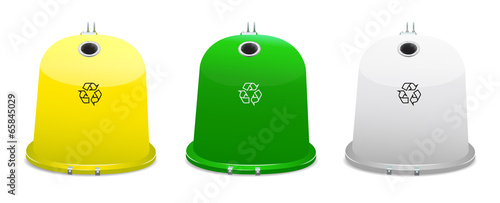 Vector: Yellow, white and green recycle bins on white background. Yellow, white and green recycle bins on white background.