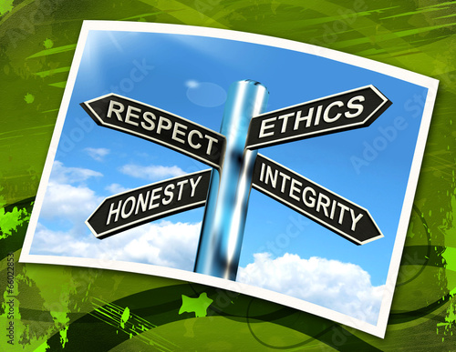 Illustration: Respect Ethics Honest Integrity Sign Means Good Qualities Respect Ethics Honest Integrity Sign Means Good Qualities