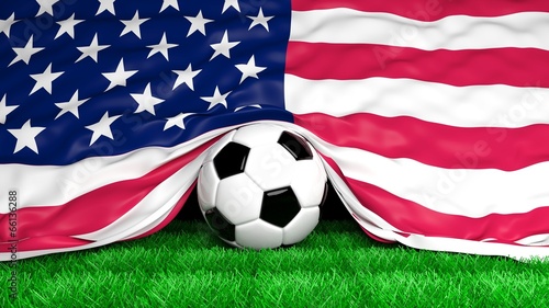 Illustration: Soccer ball with Usa flag on football field closeup Soccer ball with Usa flag on football field closeup
