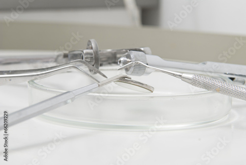 Photo: Metallic dentist tools close up in a dentist clinic. Metallic dentist tools close up in a dentist clinic.