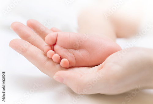 Photo: Tiny newborn baby's foot on female hands closeup Tiny newborn baby's foot on female hands closeup