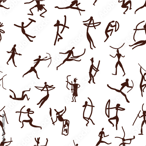  Rock paintings with ethnic people, seamless pattern