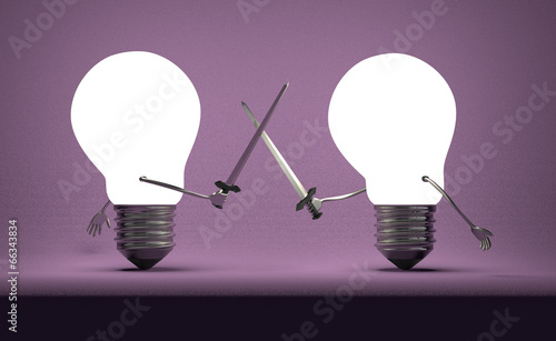 Illustration: Glowing light bulbs fighting duel on violet Glowing light bulbs fighting duel on violet