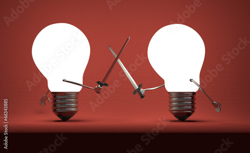 Illustration: Glowing light bulbs fighting duel on red Glowing light bulbs fighting duel on red