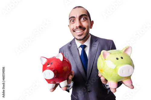 Photo: Funny man with piggybank on white Funny man with piggybank on white