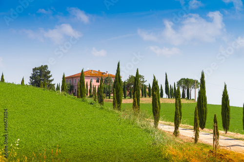 Photo: Country house with cypress in Tuscany, Italy Country house with cypress in Tuscany, Italy