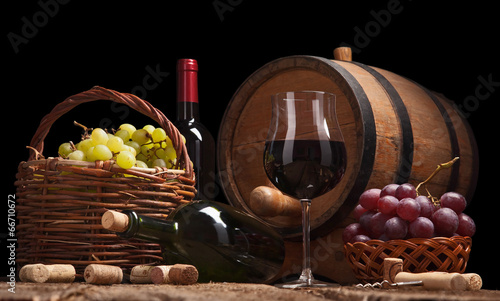 Photo: Still life with wine bottles, glasses and oak barrels Still life with wine bottles, glasses and oak barrels