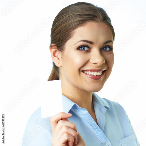 Photo: Toothy smiling business woman isolated portrait. Credit card. Toothy smiling business woman isolated portrait. Credit card.