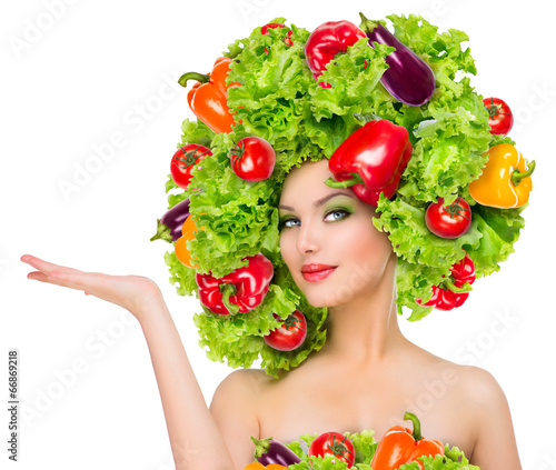 Photo: Beauty girl with vegetables hairstyle. Dieting concept Beauty girl with vegetables hairstyle. Dieting concept