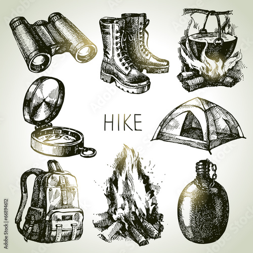 Vector: Hike and camping tourism hand drawn set. Sketch design elements Hike and camping tourism hand drawn set. Sketch design elements