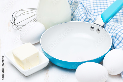 Photo: products and tools for baking pancakes, close-up products and tools for baking pancakes, close-up