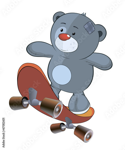 Vector: The stuffed toy bear cub and skateboard cartoon The stuffed toy bear cub and skateboard cartoon