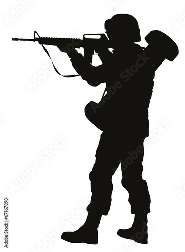  Soldier with rifle aiming. Detailed vector silhouette