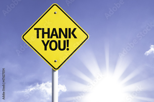 Illustration: Thank you road sign with sun background Thank you road sign with sun background