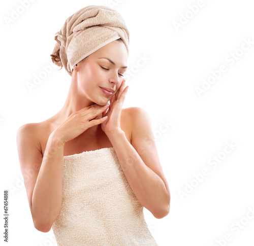 Photo: Spa Woman. Beautiful Girl After Bath Touching Her Face. Skincare Spa Woman. Beautiful Girl After Bath Touching Her Face. Skincare