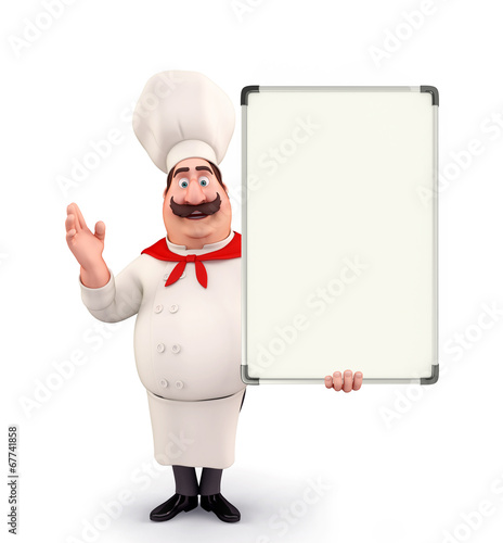 Illustration: Young chef with display board Young chef with display board