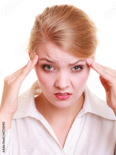 Photo: Headache. Woman suffering from head pain isolated. Headache. Woman suffering from head pain isolated.