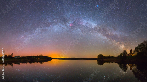 Photo: Bright Milky Way over the lake at night (panoramic photo) Bright Milky Way over the lake at night (panoramic photo)